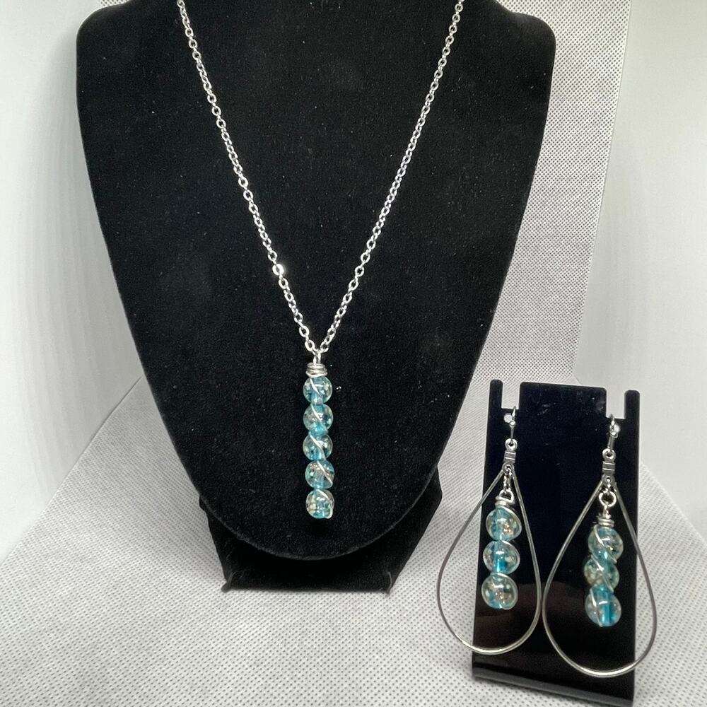 Blue Firefly Beads Wrapped With Copper-core Wire Necklace & Earring Set